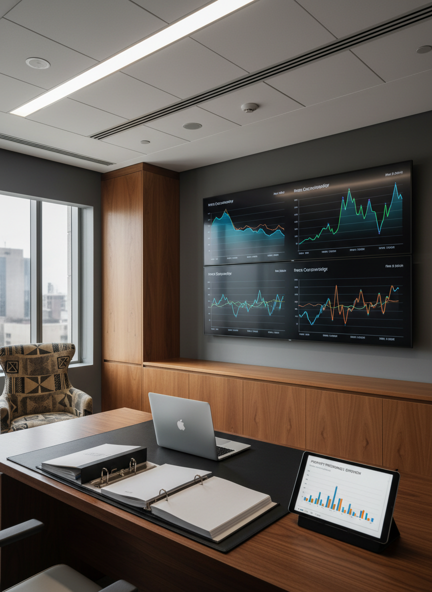 A sophisticated hotel management operations hub set within a back-of-house office, styled for a premium African hospitality advisory firm and rendered in photographic realism. Several large wall-mounted digital screens show abstracted charts and occupancy curves without legible numbers, while a central desk holds open binders, a slim laptop, and a tablet displaying a property performance overview. The room features matte charcoal walls, warm wooden cabinetry, and subtle African-inspired geometric patterns in the upholstery of a nearby chair. Balanced overhead LED lighting and a side window with soft daylight create a clear, analytic mood. Captured from an eye-level perspective with rule-of-thirds composition, the scene communicates data-driven optimization, strategic planning, and calm operational control.