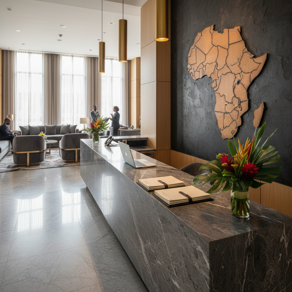 An elegant hotel lobby reception desk in a high-end African business hotel, captured in clean, modern photographic realism. The main focus is a glossy stone front desk with subtle veining, topped with a slim laptop, neatly stacked briefing folders, and a small vase of tropical foliage. Behind the desk, a textured wall art piece abstractly suggests the African continent without readable text or symbols. Warm pendant lights cast gentle pools of light on the counter, while filtered daylight from tall side windows softens the space. Shot from a slightly elevated angle with a wide lens, the image showcases polished marble floors, plush seating in the background, and an atmosphere of professional efficiency and welcoming, performance-focused hospitality.